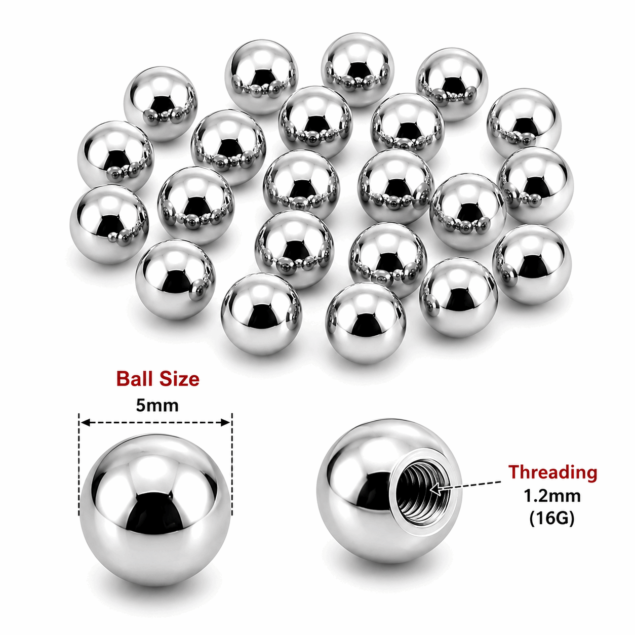 316L Surgical Steel Threaded Ball Accessories – 16G (1.2mm)