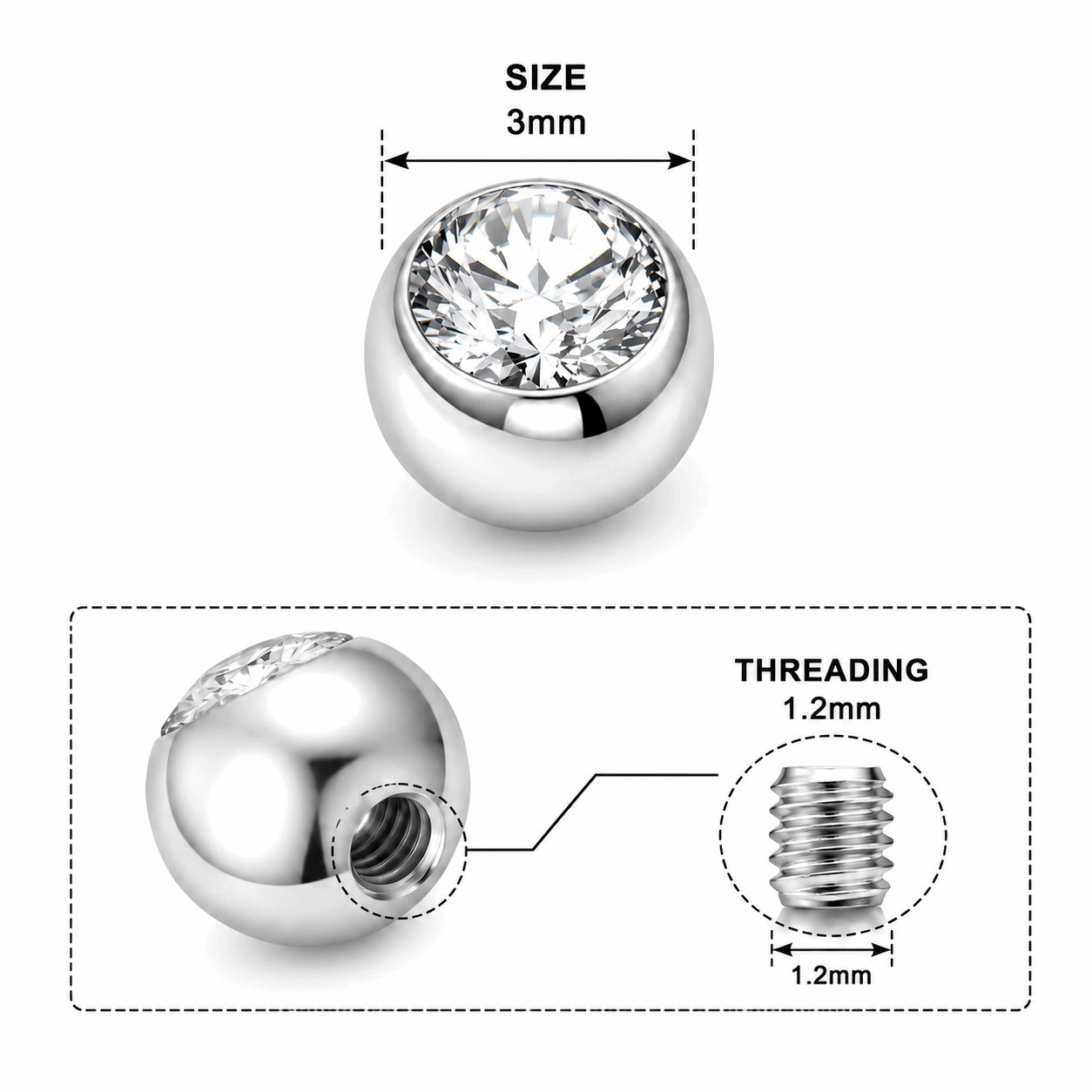 316L Surgical Steel Flat Jeweled Ball Accessories – 16G (1.2mm)