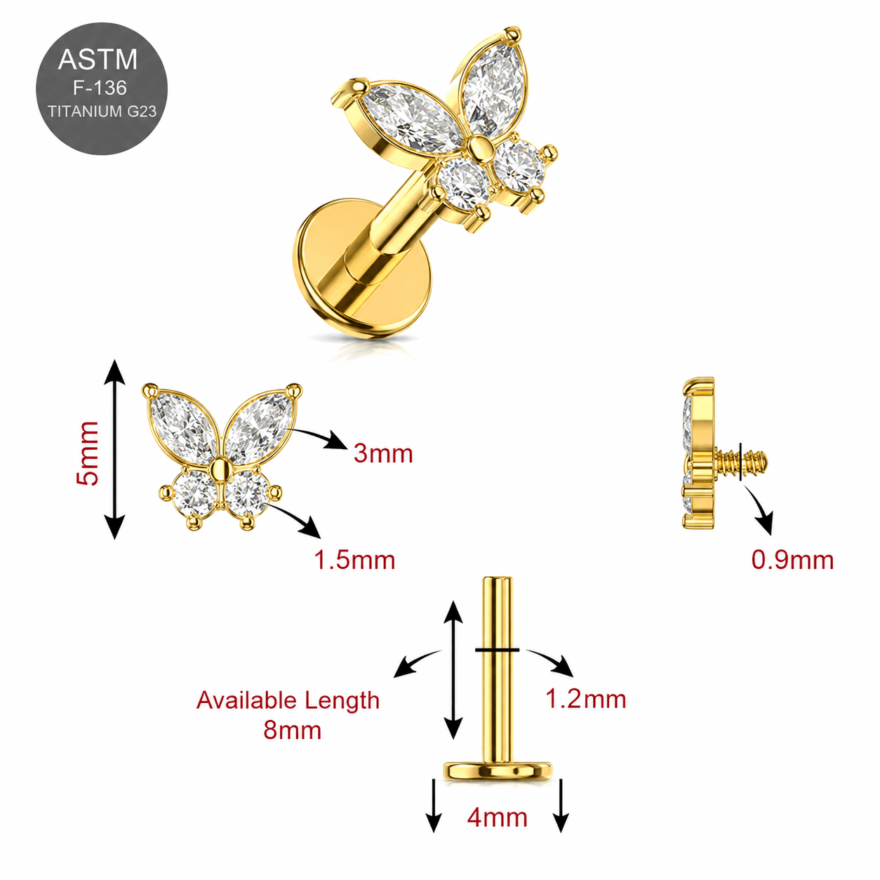 G23 Titanium Gold PVD Butterfly CZ Internally Threaded Labret – 16G (1.2mm)