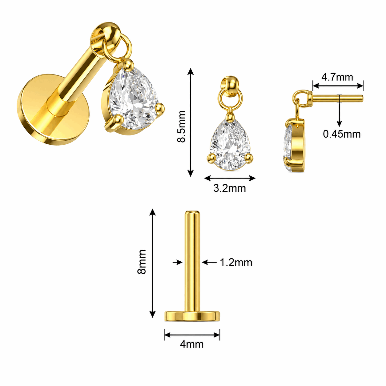 G23 Titanium Gold PVD Dangling Pear Drop Threadless Labret Stud – 16G (1.2mm)