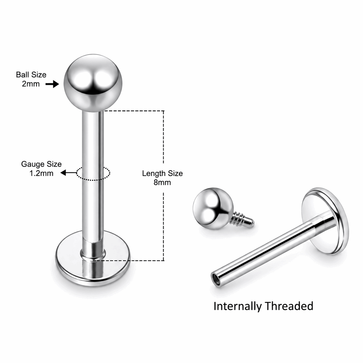 316L Surgical Steel Plain Ball Internally Threaded Flat Back Labret – 16G (1.2mm)