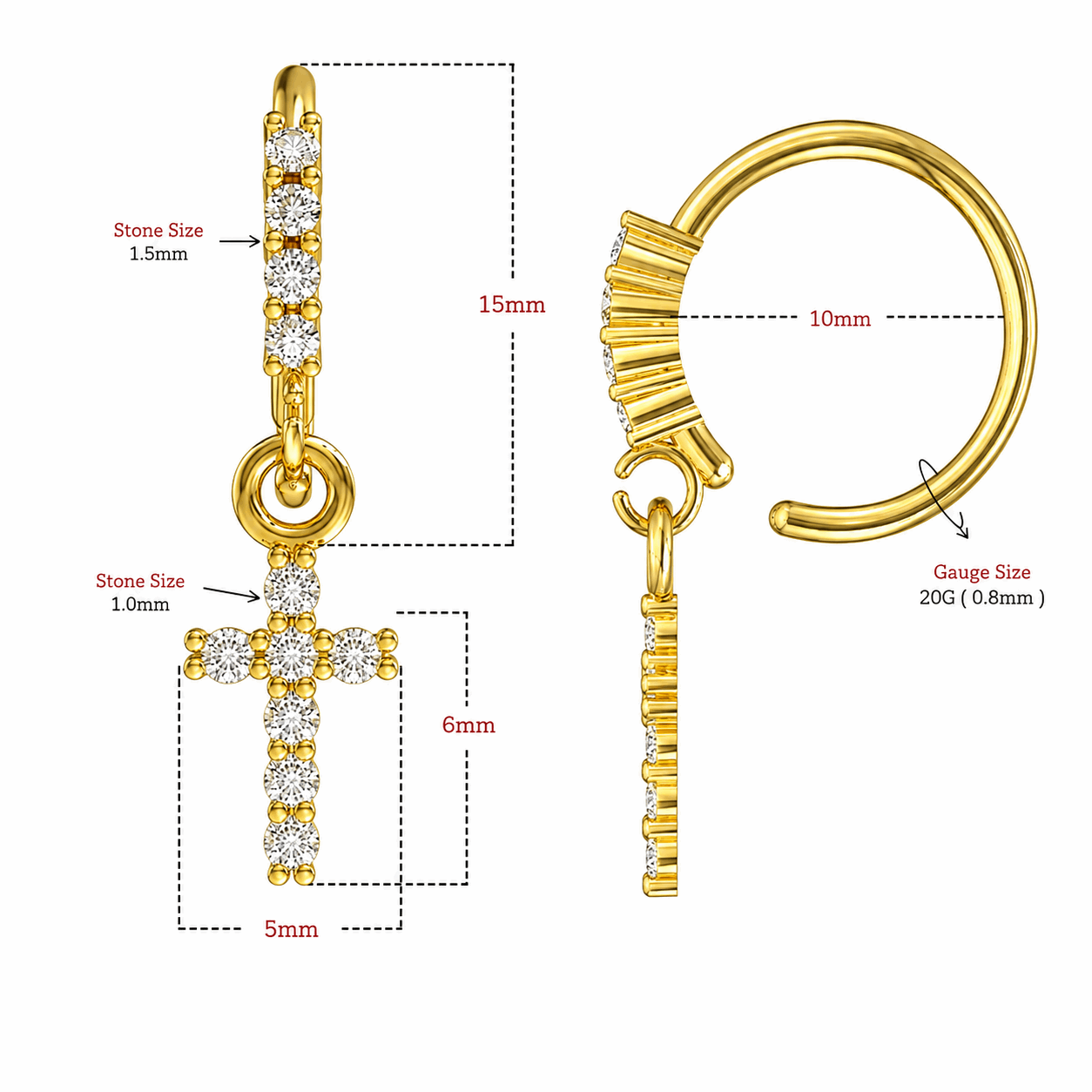 316L Surgical Steel CZ Hanging Cross Bendable Cartilage Ear Piercing – 20G (0.8mm)
