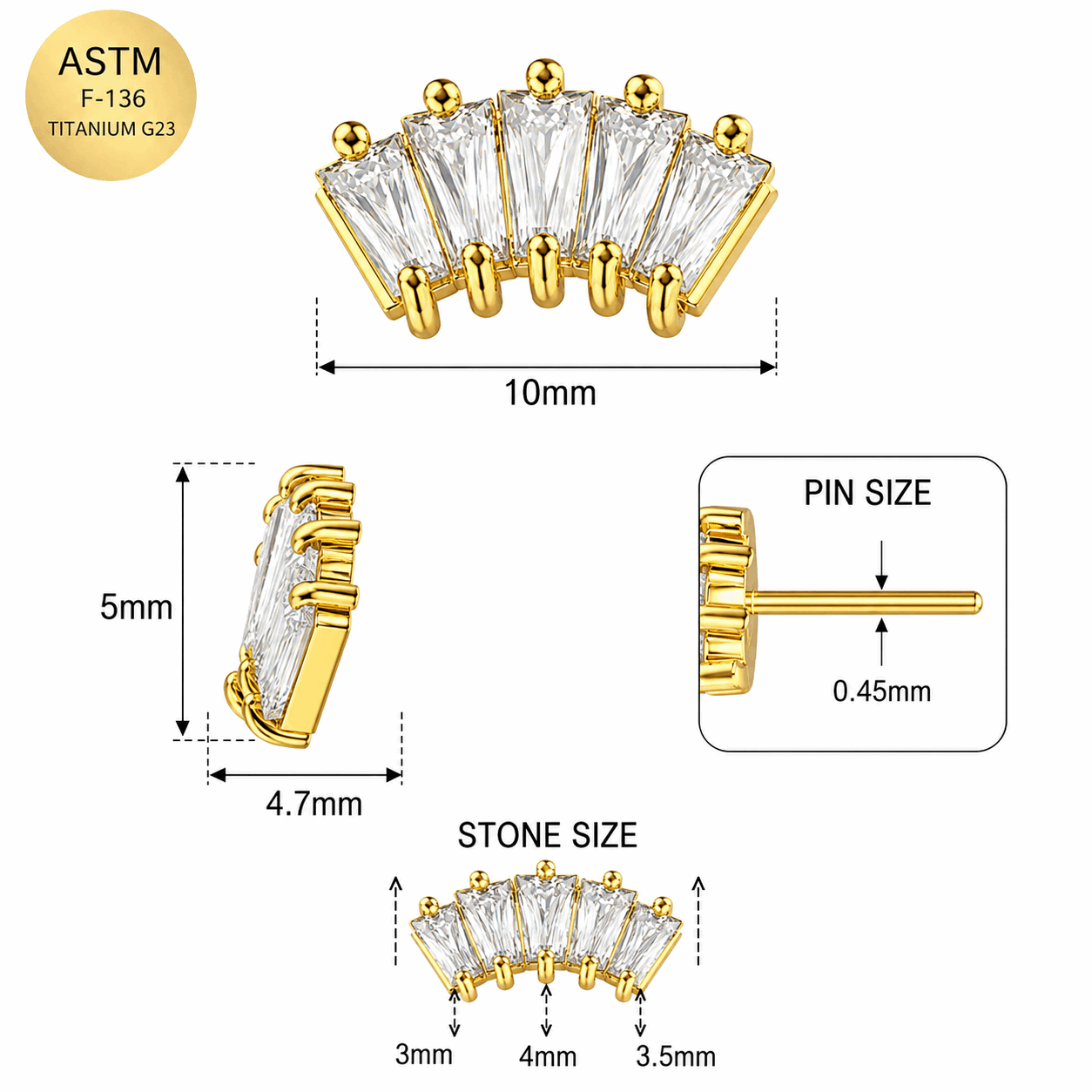 G23 Titanium Crown CZ Threadless Pin Top – 18G & 16G Compatible