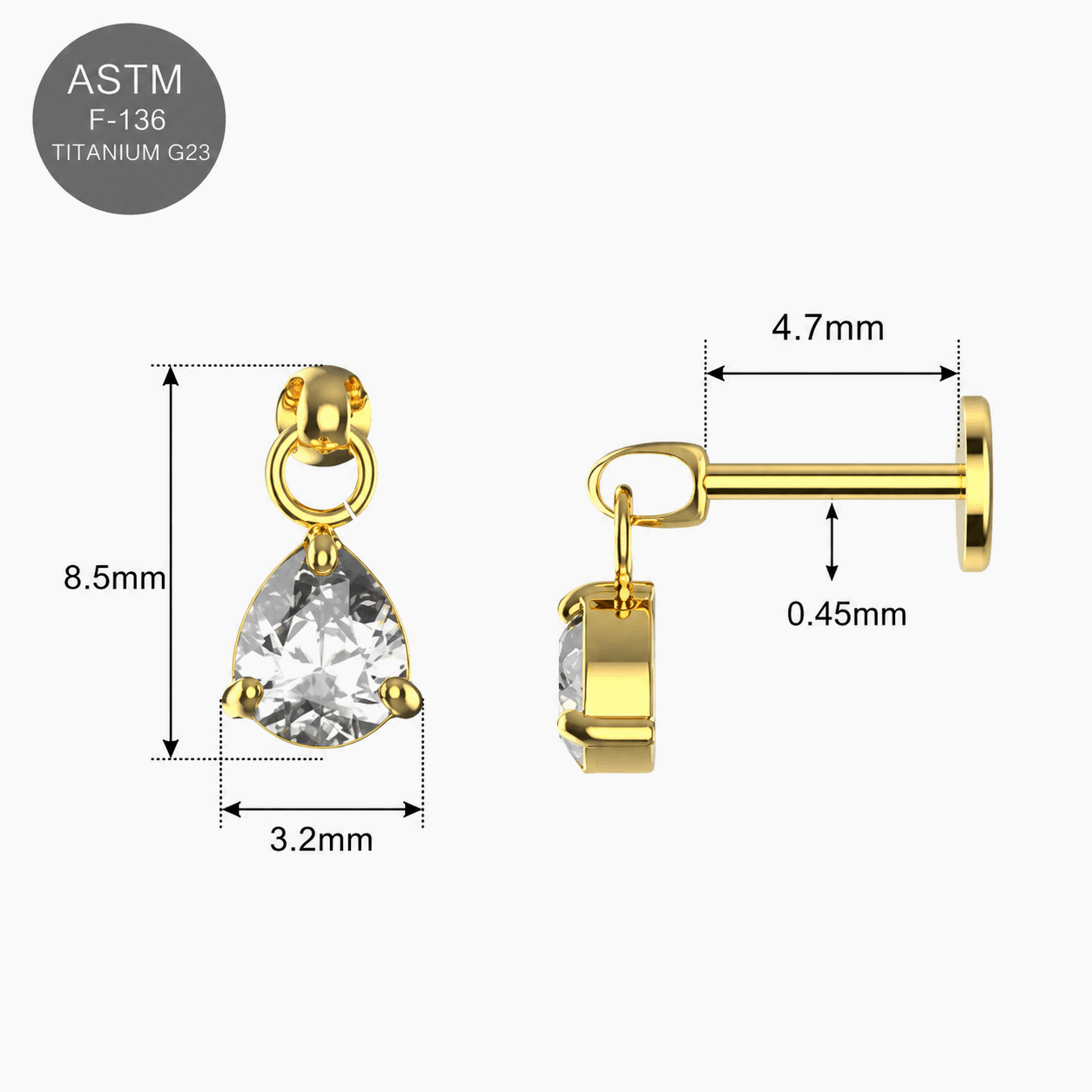 G23 Titanium Dangling Pear Drop Threadless Pin Top – 18G & 16G Compatible