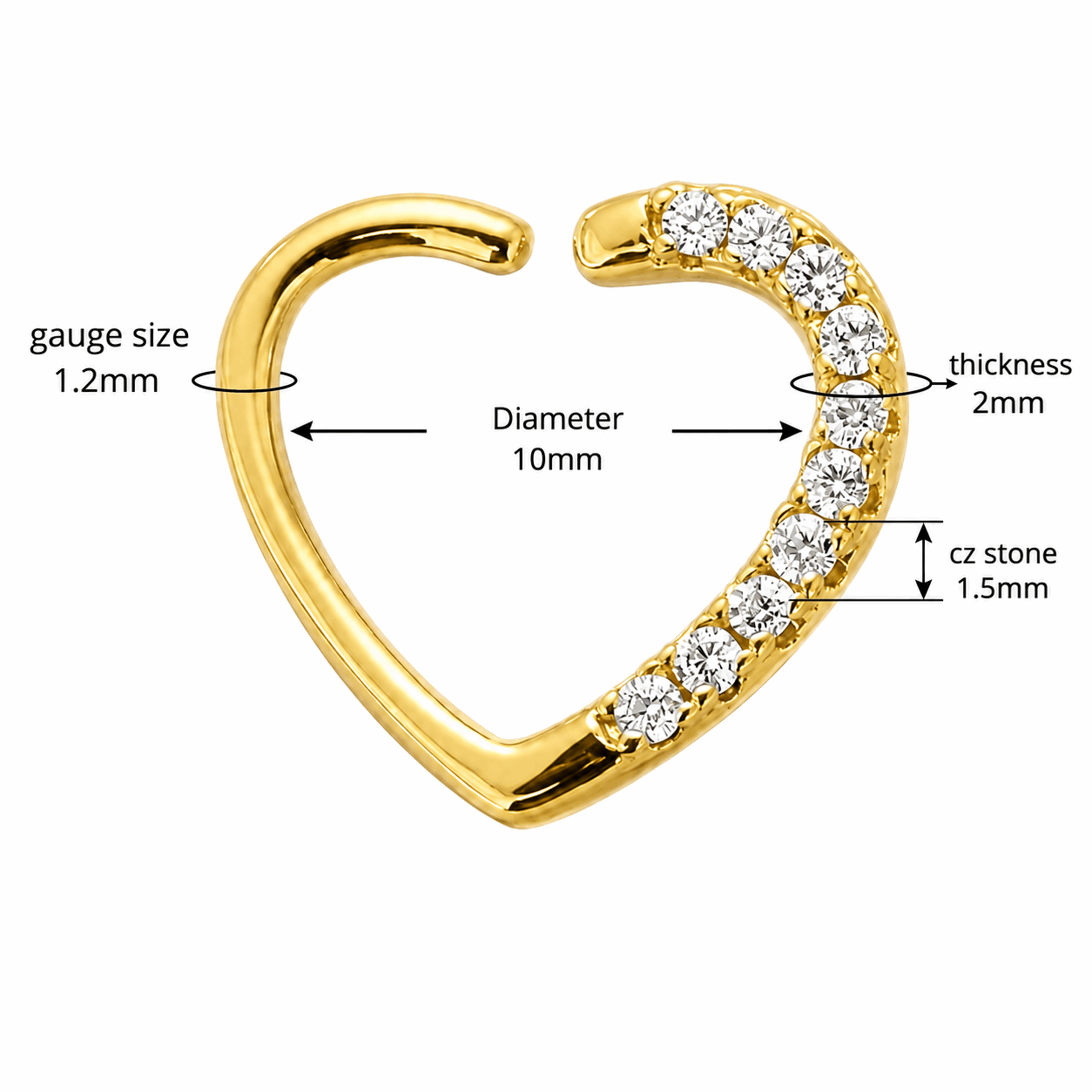 316L Surgical Steel Jeweled Heart Single Closure Ring – 16G (1.2mm) 10mm