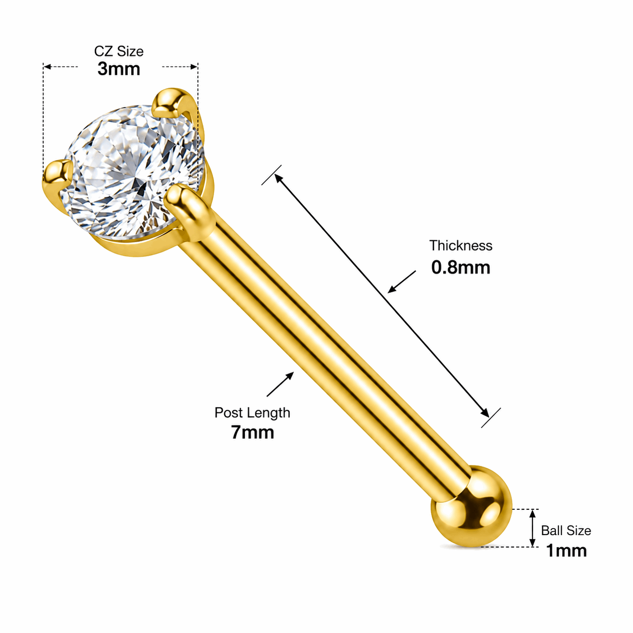 316L Surgical Steel CZ Nose Bone Stud – 20G (0.8mm) 7mm
