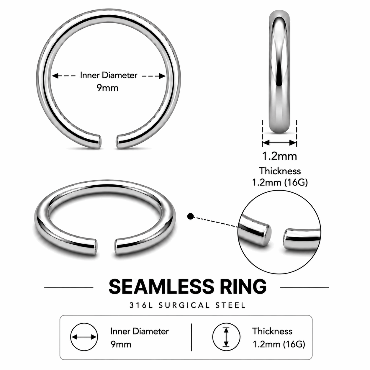 316L Surgical Steel Nose Hoop Ring – 22G to 16G