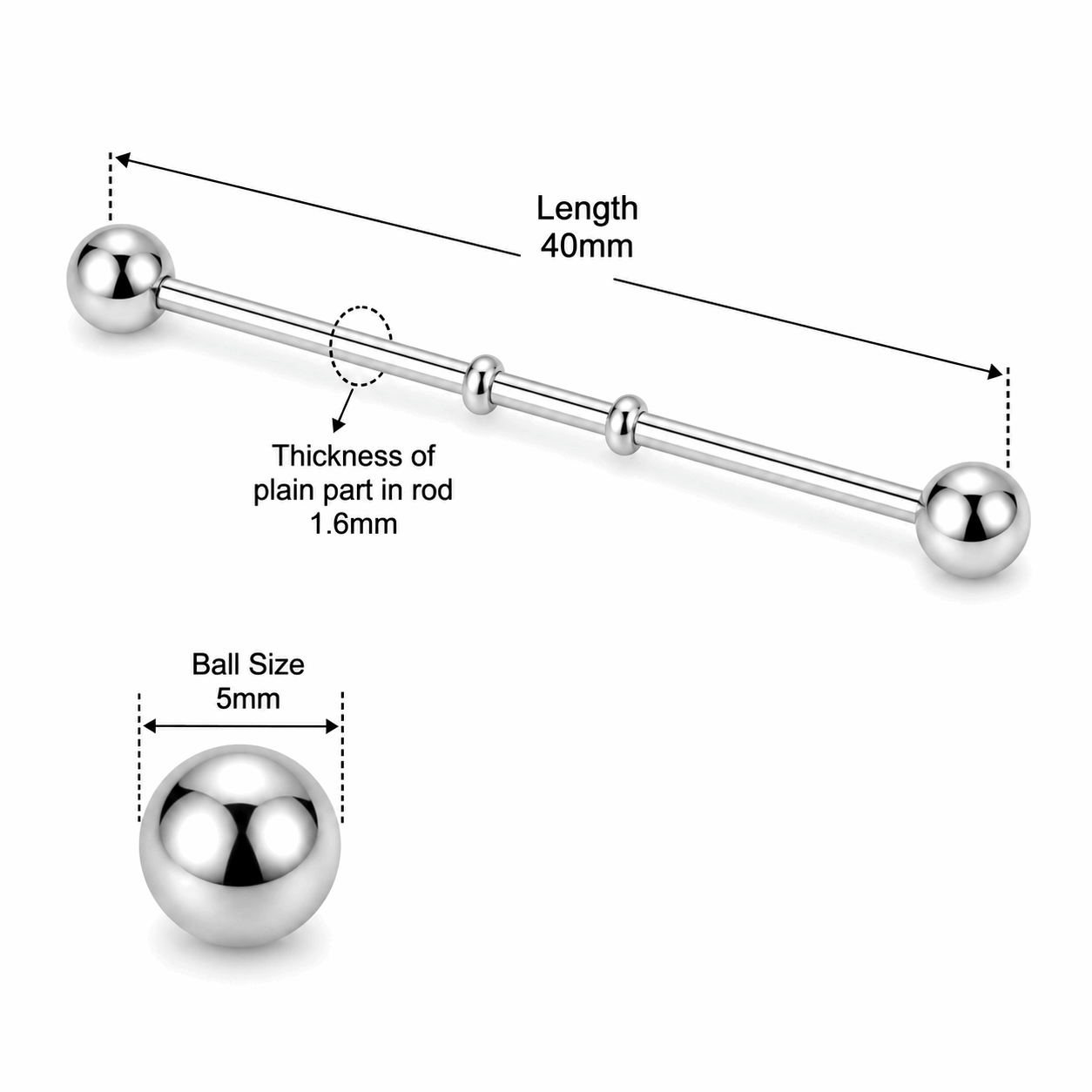 316L Surgical Steel Notched Industrial Barbell – 14G (1.6mm) 40mm