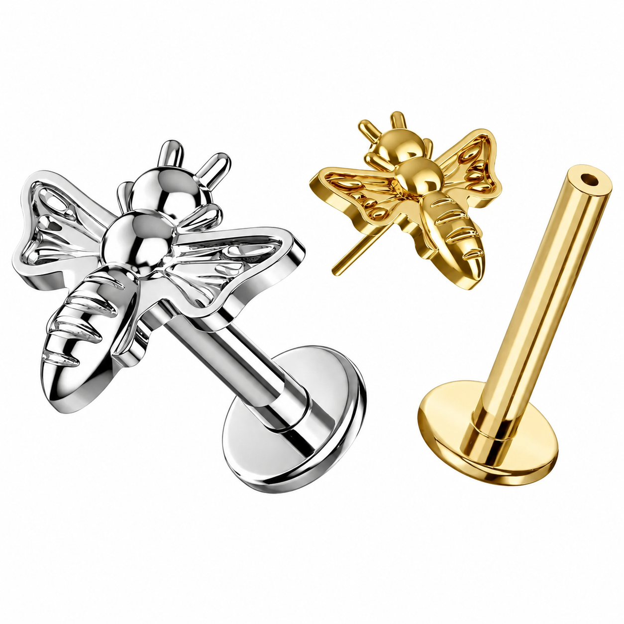 G23 Titanium Honey Bee Threadless Flat Back Labret Stud – 16G (1.2mm)