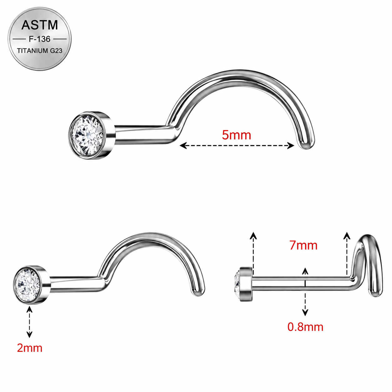 G23 Titanium Bezel Set CZ Nose Screw – 20G (0.8mm)