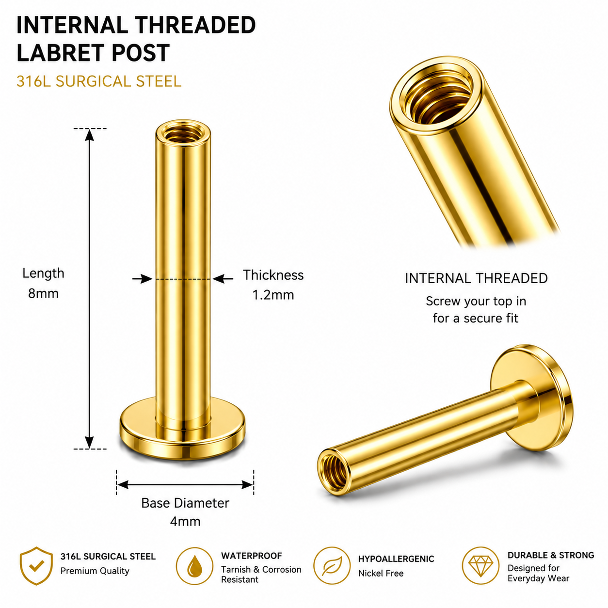 316L Surgical Steel Internally Threaded Flat Back Labret Bar – 16G (1.2mm)