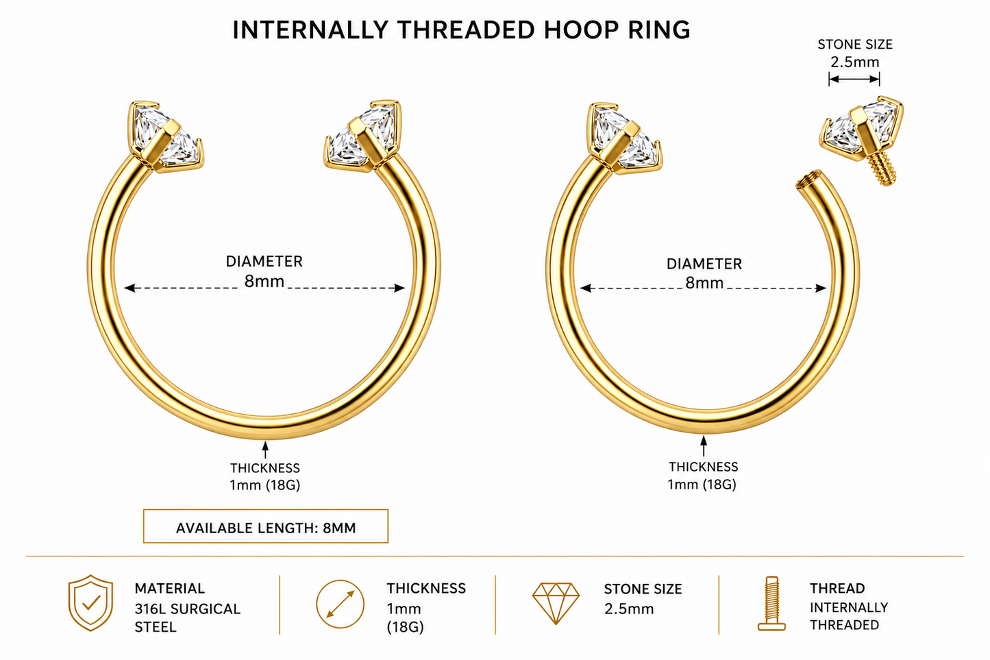 316L Surgical Steel CZ End Circular Barbell Ring – 18G (1.0mm) 8mm