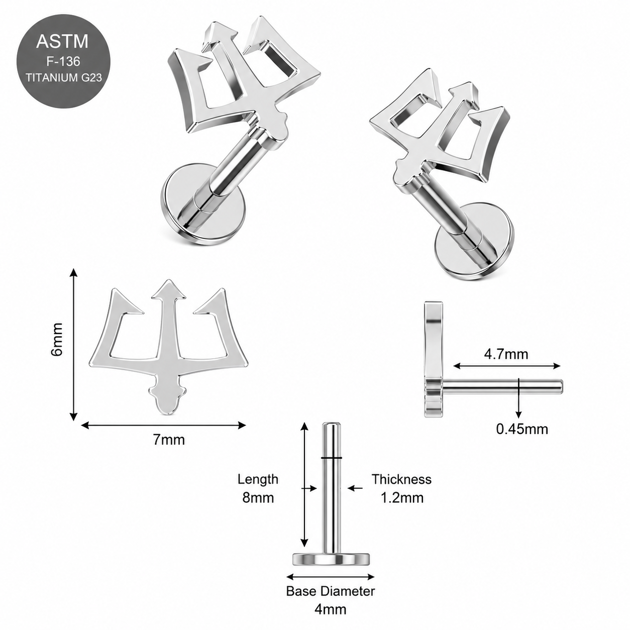 G23 Titanium Trident Symbol Threadless Labret Stud – 16G (1.2mm)