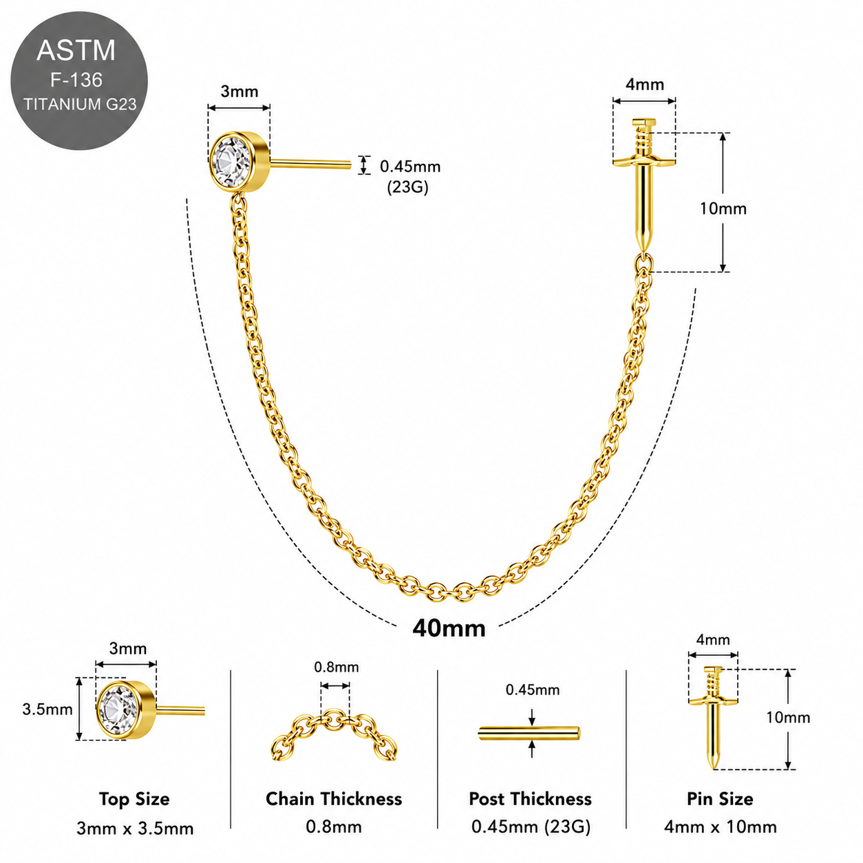 G23 Titanium Two Hole Round Dagger Piercing Chain Threadless Pin Top – 18G & 16G Compatible