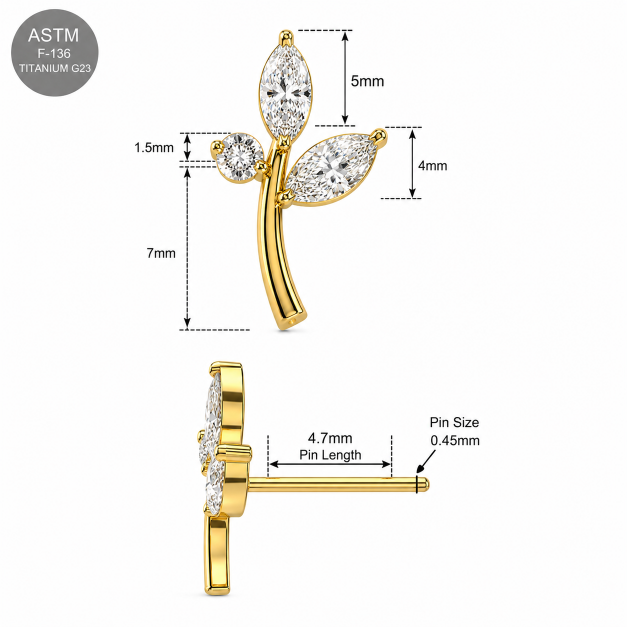 G23 Titanium CZ Leaf Threadless Pin Top – 18G & 16G Compatible