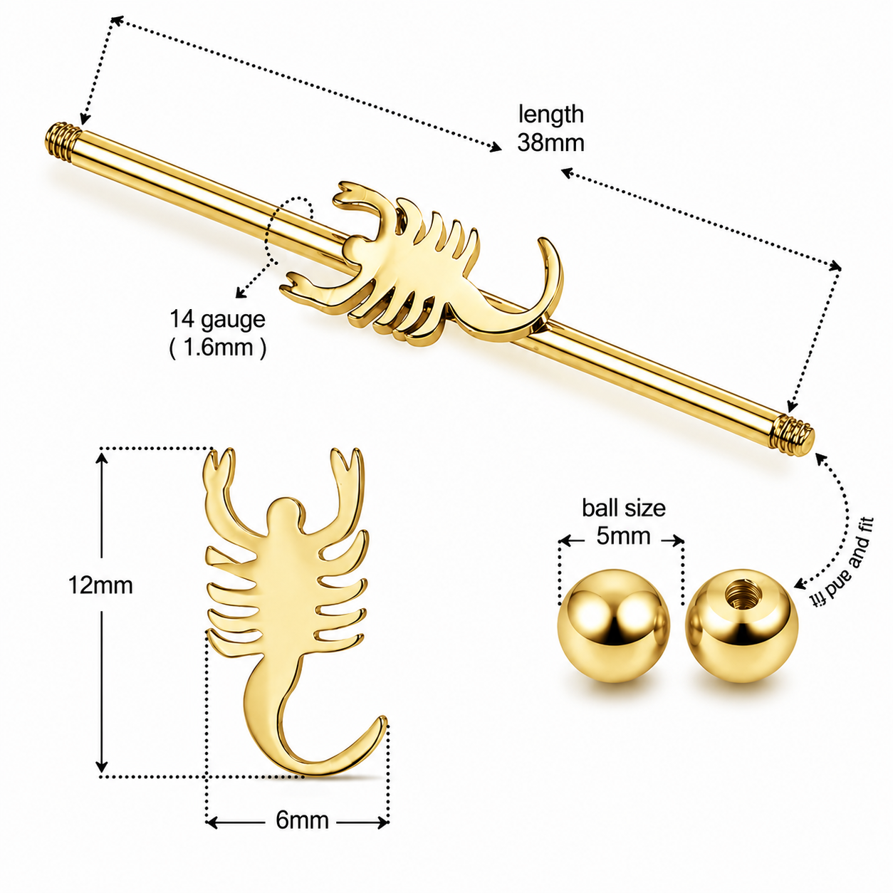 316L Surgical Steel Scorpion Industrial Barbell – 14G (1.6mm) 38mm