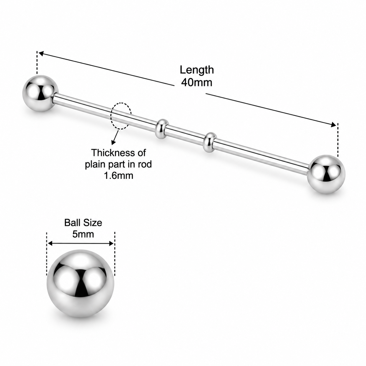 316L Surgical Steel Notched Industrial Barbell – 14G (1.6mm) 40mm