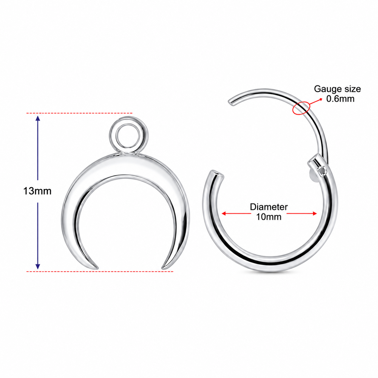 925 Sterling Silver Segment Hoop Earring with Dangling Half Moon