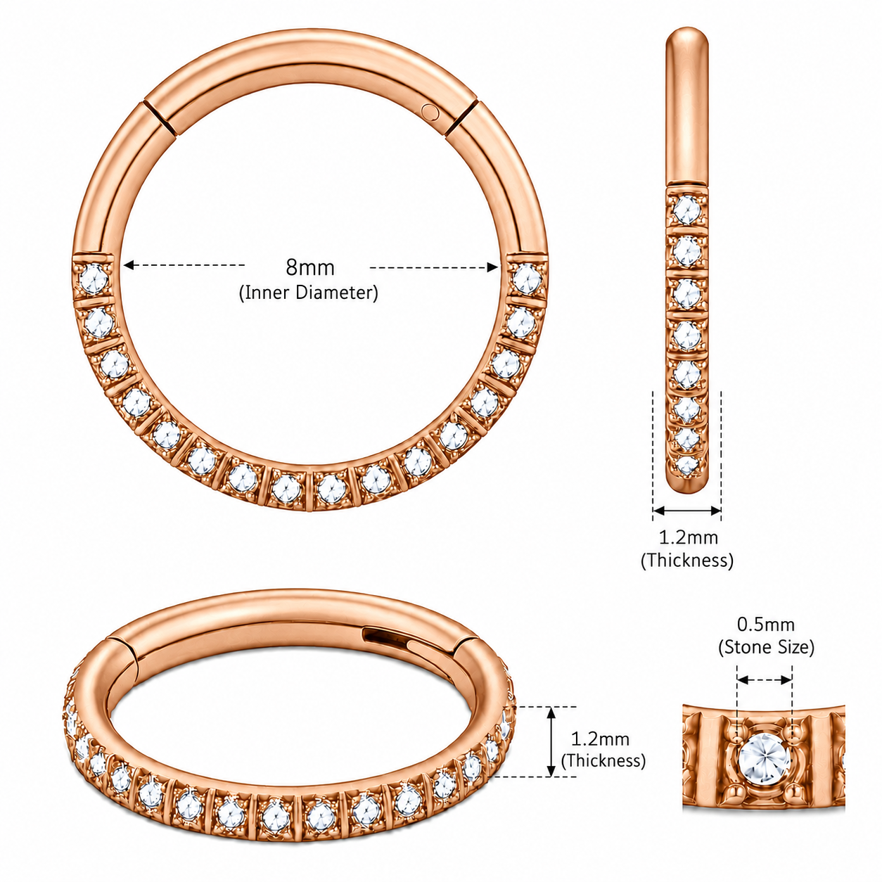 316L Surgical Steel CZ Hinged Segment Clicker Ring – 16G