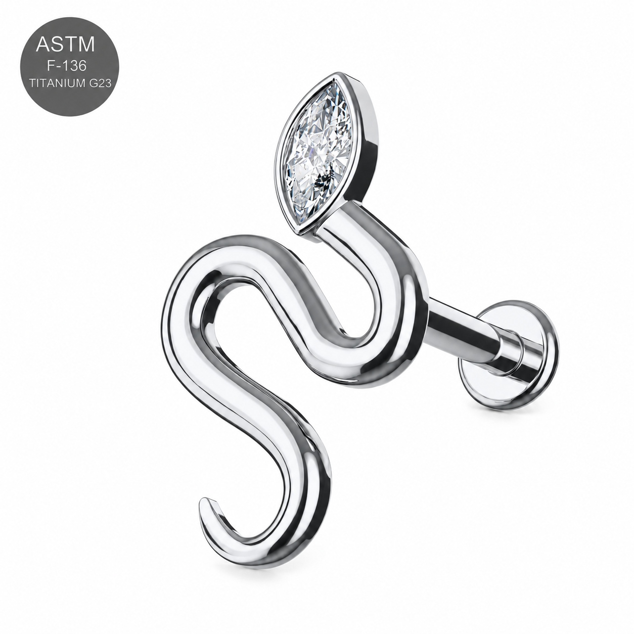 Implant Grade Titanium Internally Threaded Labret Stud with Snake Top – 16G(1.2mm)