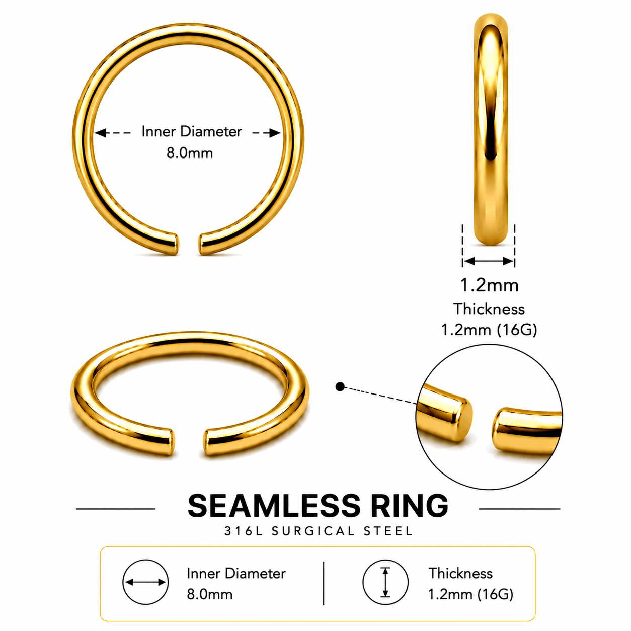 316L Surgical Steel Gold PVD Seamless Nose Ring – 0.6mm to 1.2mm