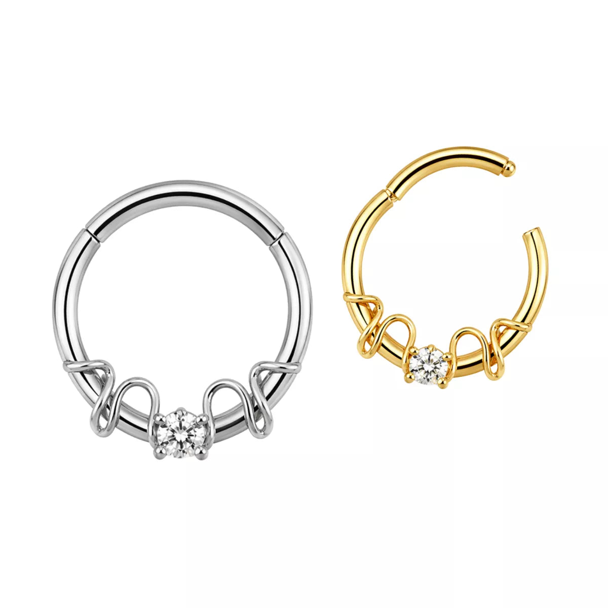 316L Surgical Steel CZ Duo Snake Front Facing Hinged Clicker Ring – 16G (1.2mm) 8mm & 10mm