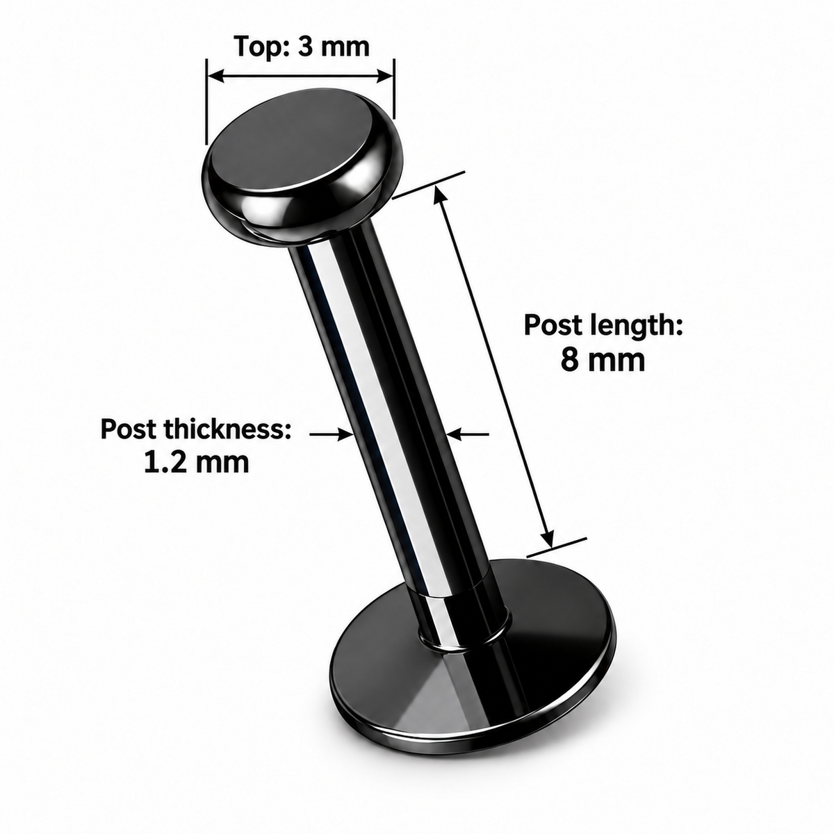 316L Surgical Steel Flat Top Flat Back Labret Stud – 16G, 3mm Top, 6mm / 8mm