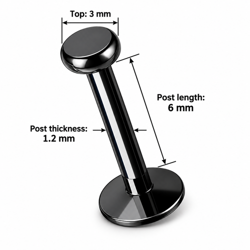 316L Surgical Steel Flat Top Flat Back Labret Stud – 16G, 3mm Top, 6mm / 8mm