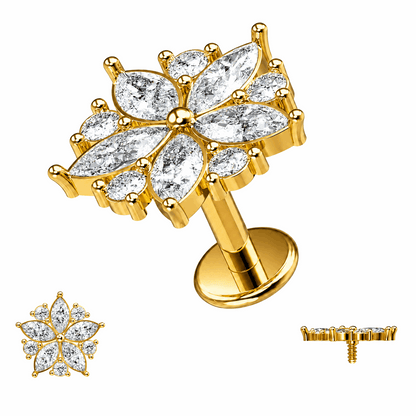 316L Surgical Steel CZ Floral Flakes Internally Threaded Flat Back Labret – 16G (1.2mm)