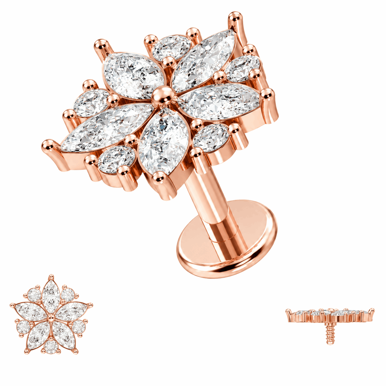 316L Surgical Steel CZ Floral Flakes Internally Threaded Flat Back Labret – 16G (1.2mm)