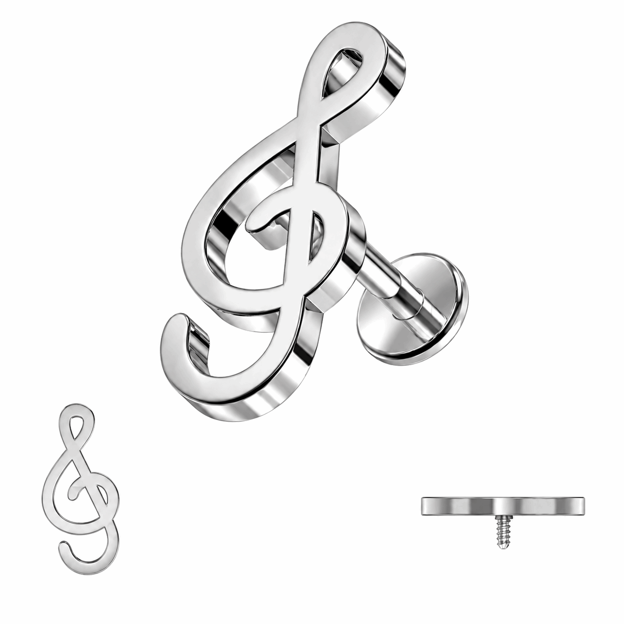 316L Surgical Steel Treble Clef Internally Threaded Flat Back Labret – 16G (1.2mm)