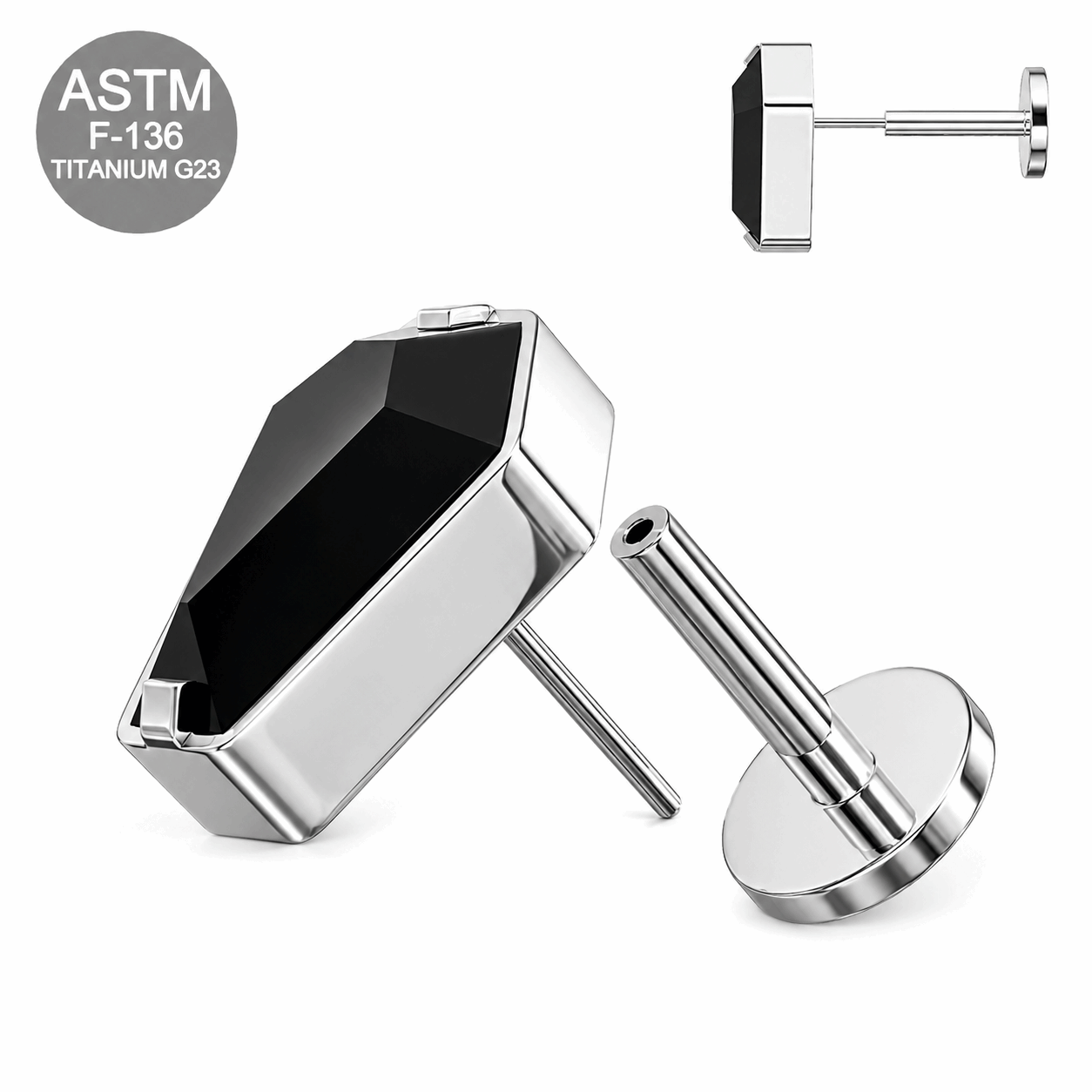 G23 Titanium Coffin Cut Threadless Flat Back Labret Stud – 16G (1.2mm)
