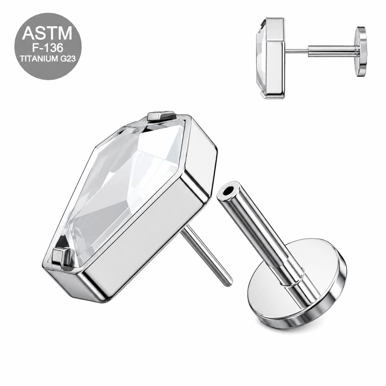 G23 Titanium Coffin Cut Threadless Flat Back Labret Stud – 16G (1.2mm)