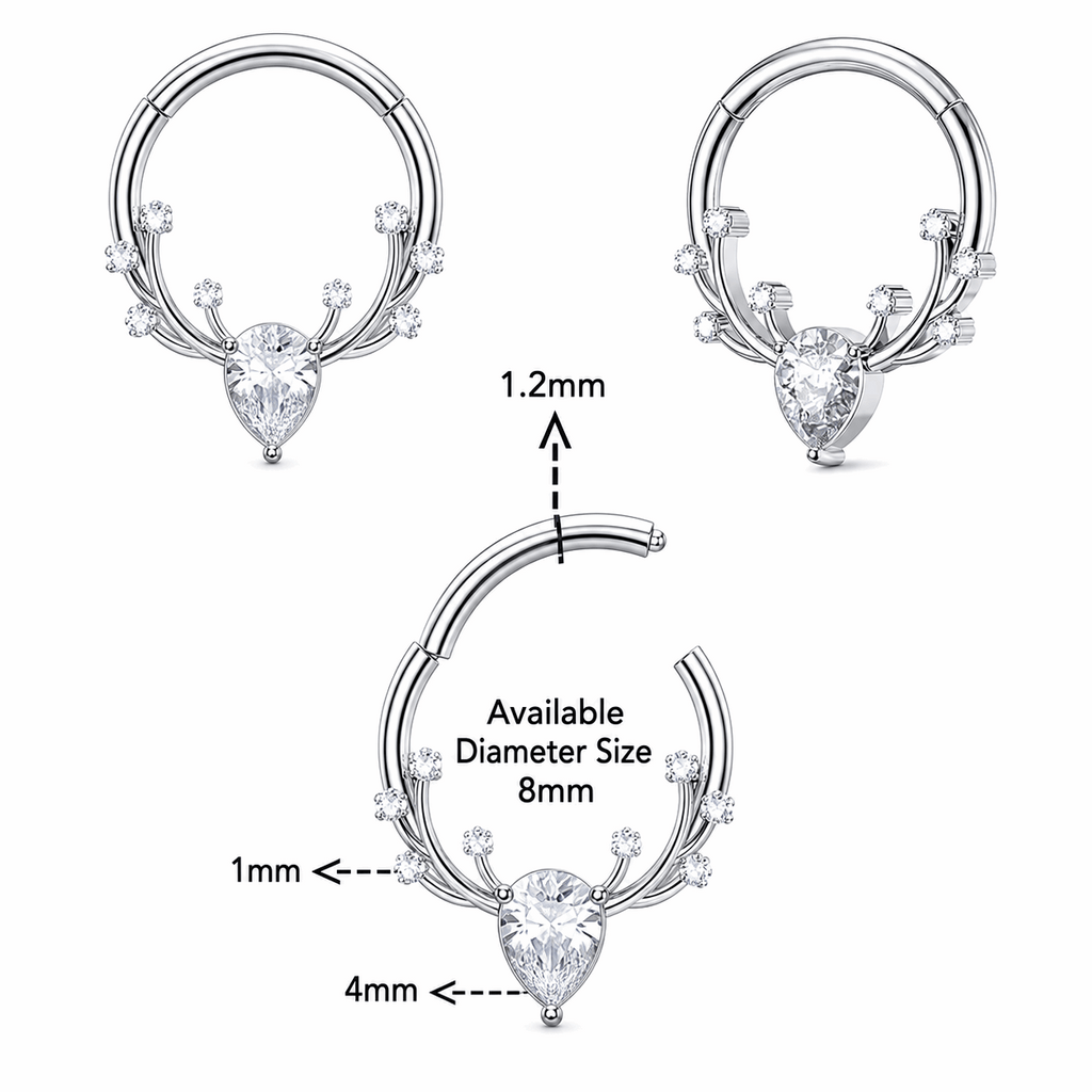 316L Surgical Steel CZ Antlers Hinged Segment Clicker Ring – 16G (1.2mm) 8mm & 10mm