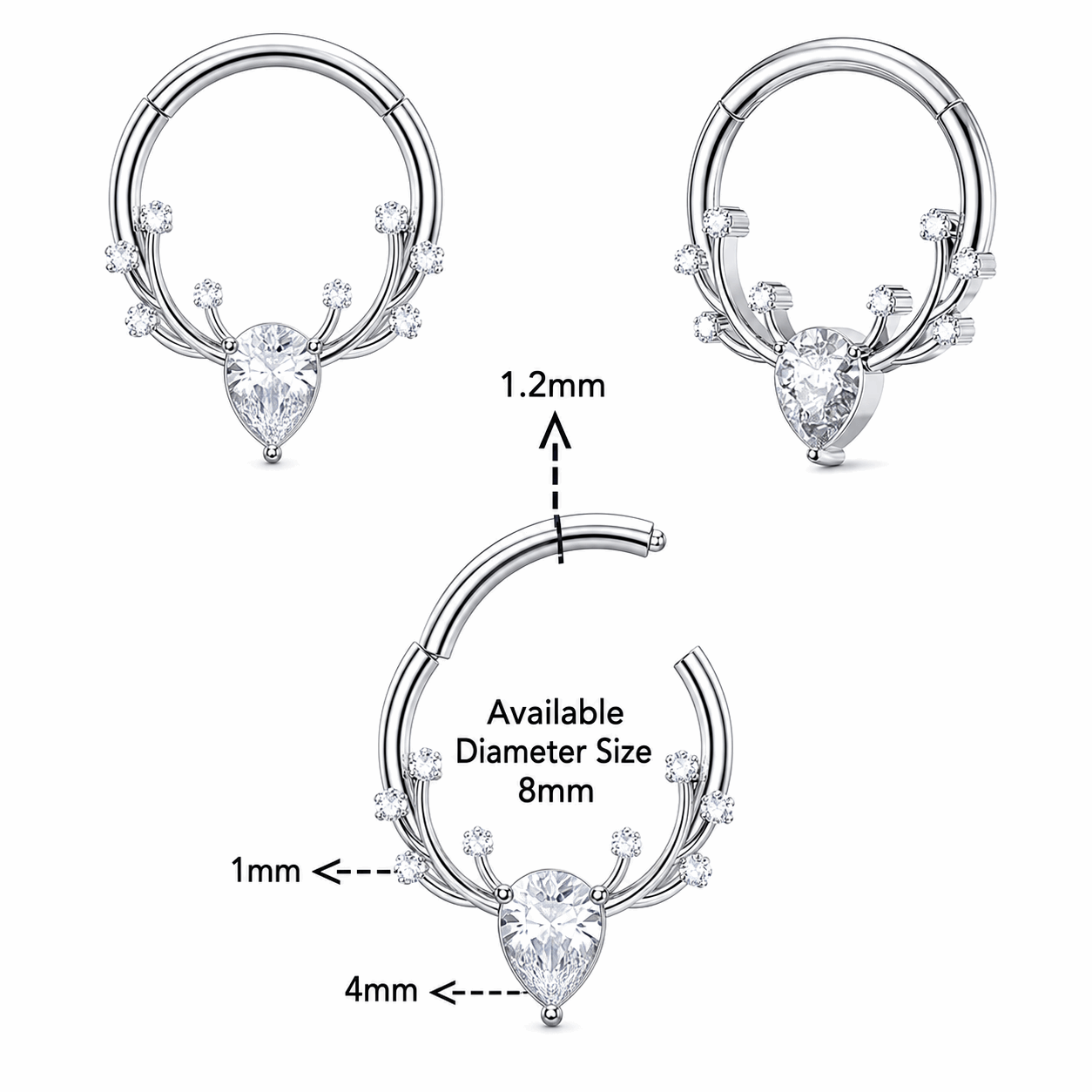 316L Surgical Steel CZ Antlers Hinged Segment Clicker Ring – 16G (1.2mm) 8mm & 10mm