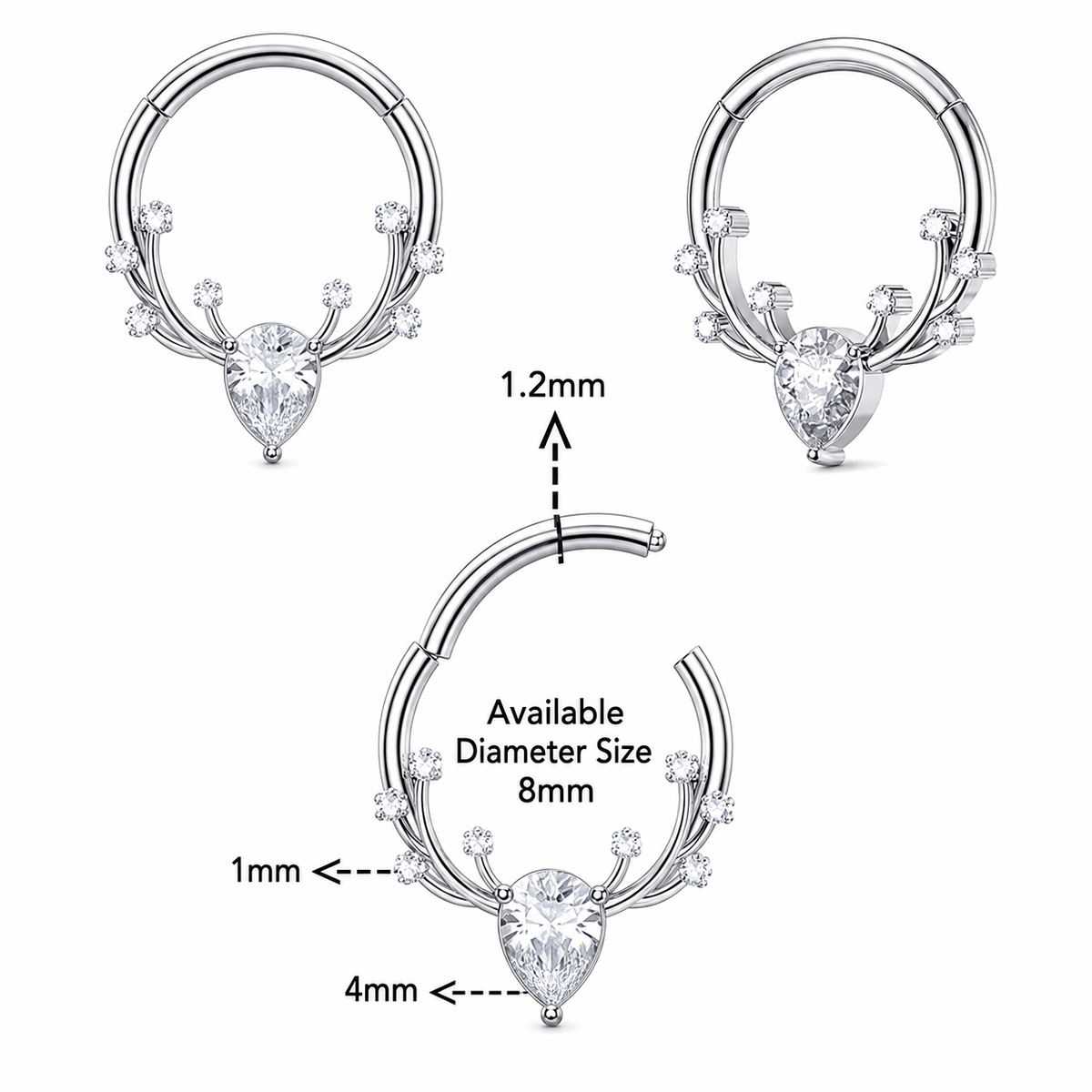 316L Surgical Steel CZ Antlers Hinged Segment Clicker Ring – 16G (1.2mm) 8mm & 10mm