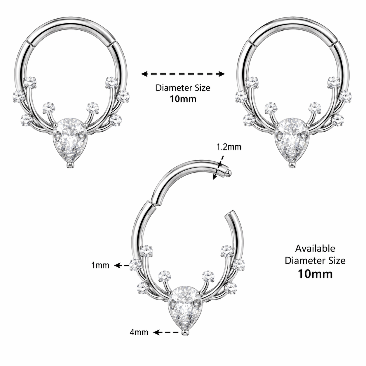316L Surgical Steel CZ Antlers Hinged Segment Clicker Ring – 16G (1.2mm) 8mm & 10mm