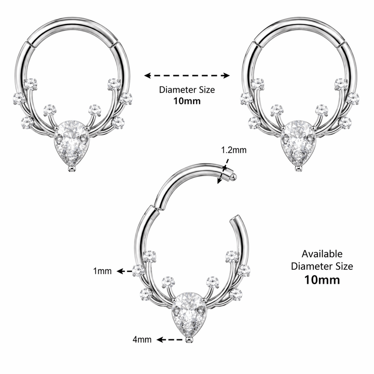 316L Surgical Steel CZ Antlers Hinged Segment Clicker Ring – 16G (1.2mm) 8mm & 10mm