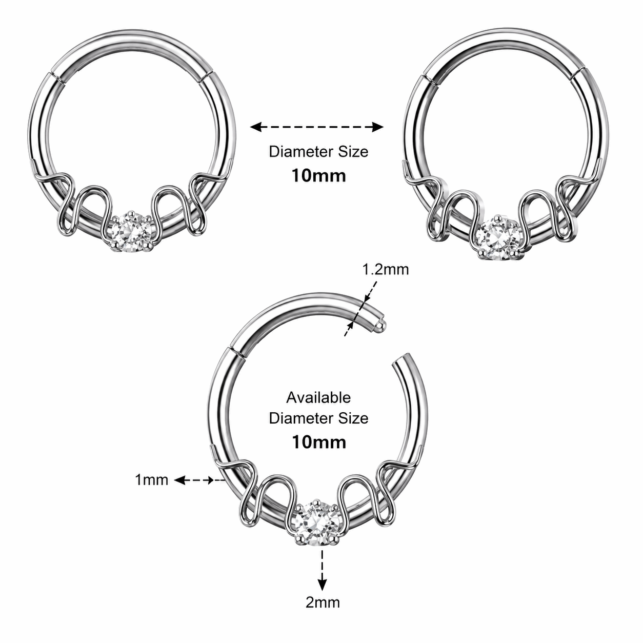 316L Surgical Steel CZ Duo Snake Front Facing Hinged Clicker Ring – 16G (1.2mm) 8mm & 10mm