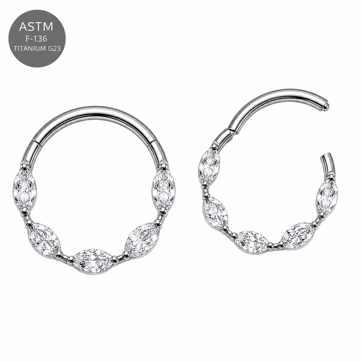G23 Titanium Marquise CZ Hinged Segment Clicker Ring – 16G (1.2mm) 8mm