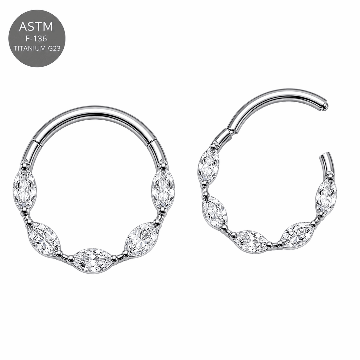 G23 Titanium Marquise CZ Hinged Segment Clicker Ring – 16G (1.2mm) 8mm