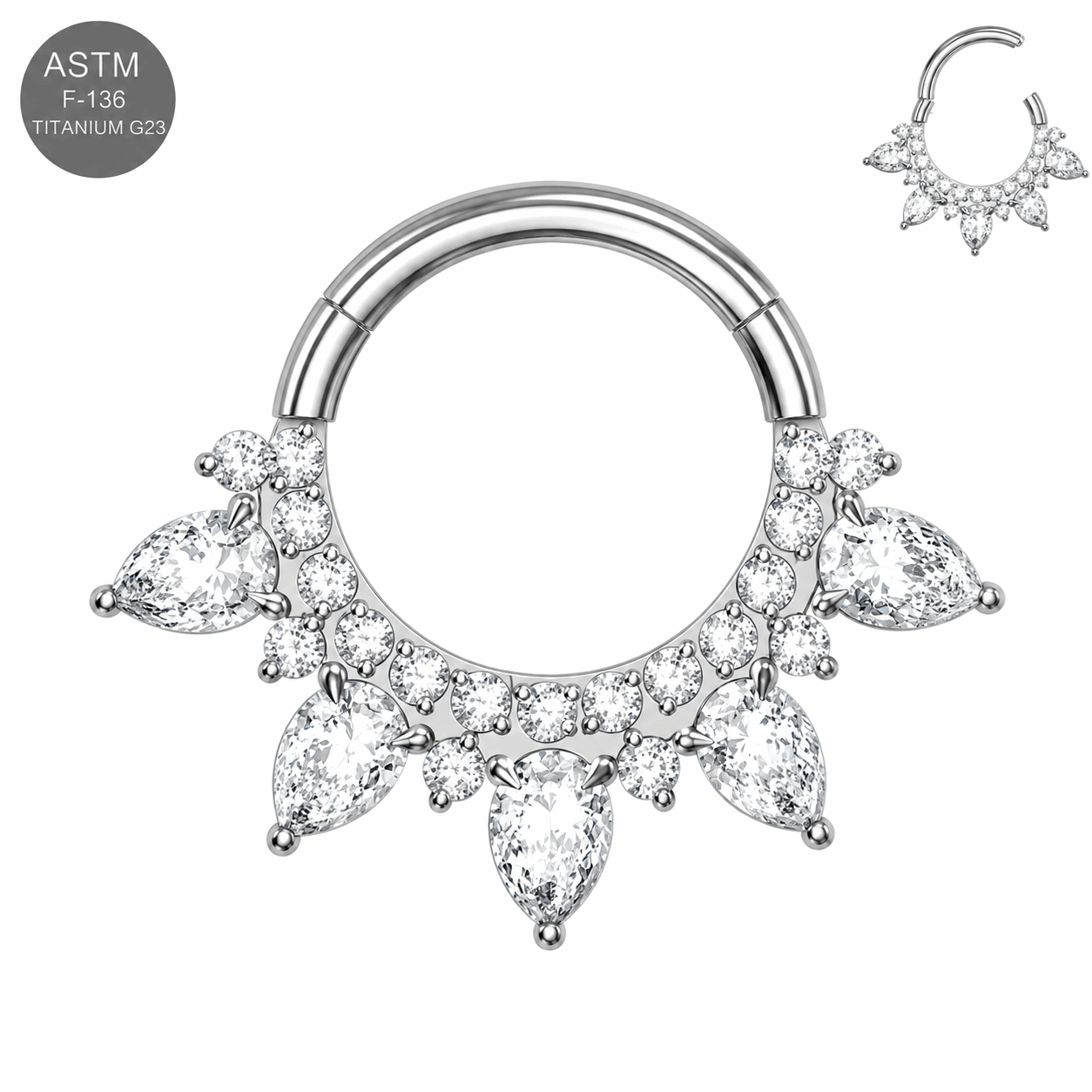 G23 Titanium Teardrop CZ Hinged Segment Clicker Ring – 16G (1.2mm) 8mm