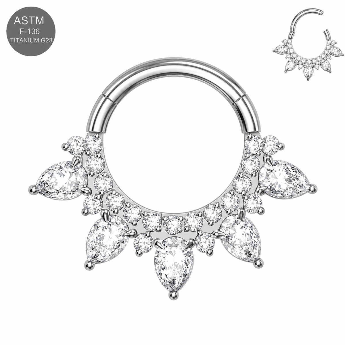 G23 Titanium Teardrop CZ Hinged Segment Clicker Ring – 16G (1.2mm) 8mm