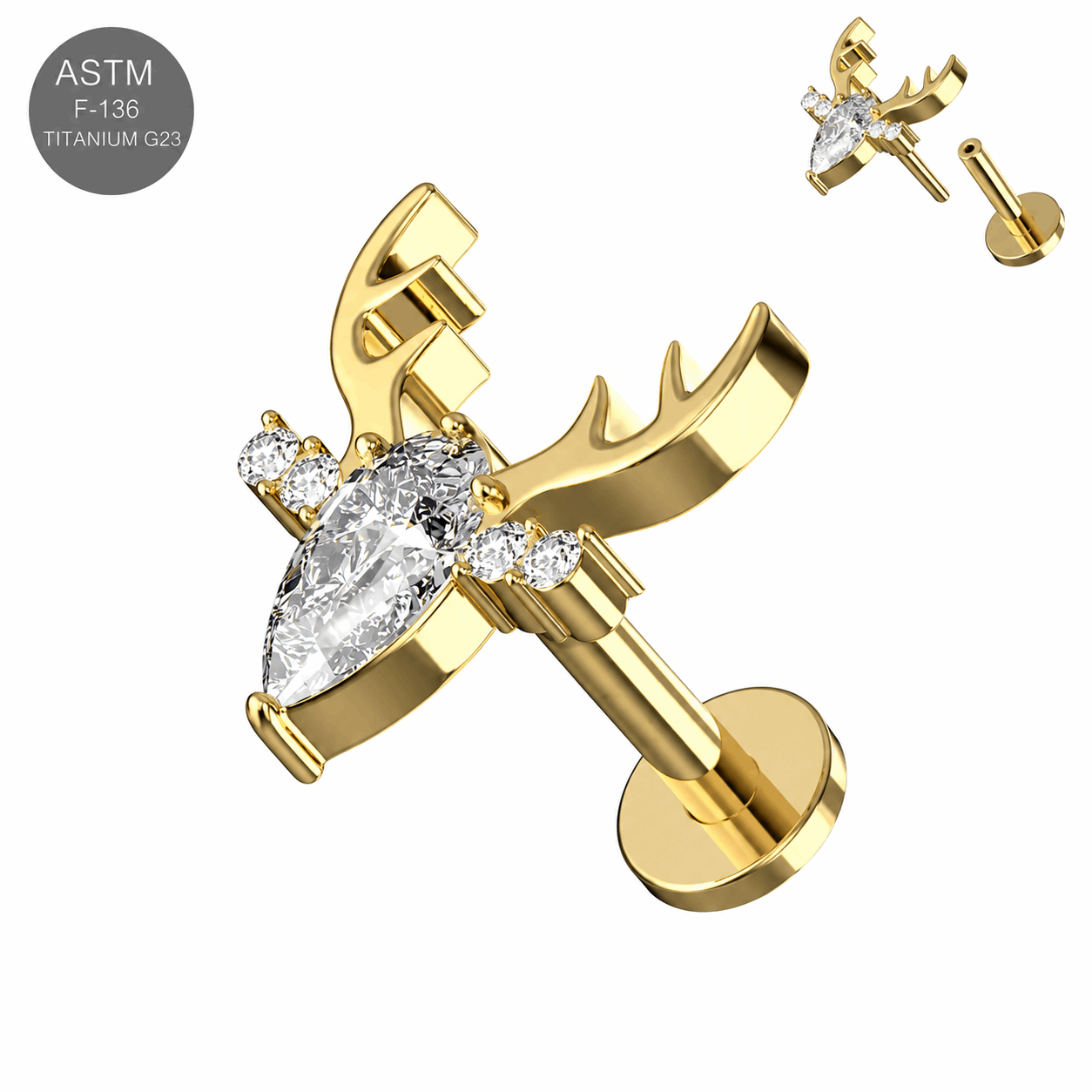 Titanium Clear Jeweled Deer Threadless Labret Stud – 16G (1.2mm)