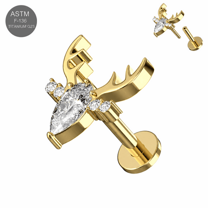 Titanium Clear Jeweled Deer Threadless Labret Stud – 16G (1.2mm)