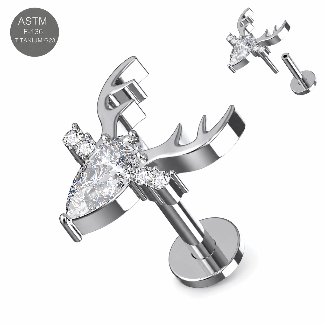 Titanium Clear Jeweled Deer Threadless Labret Stud – 16G (1.2mm)