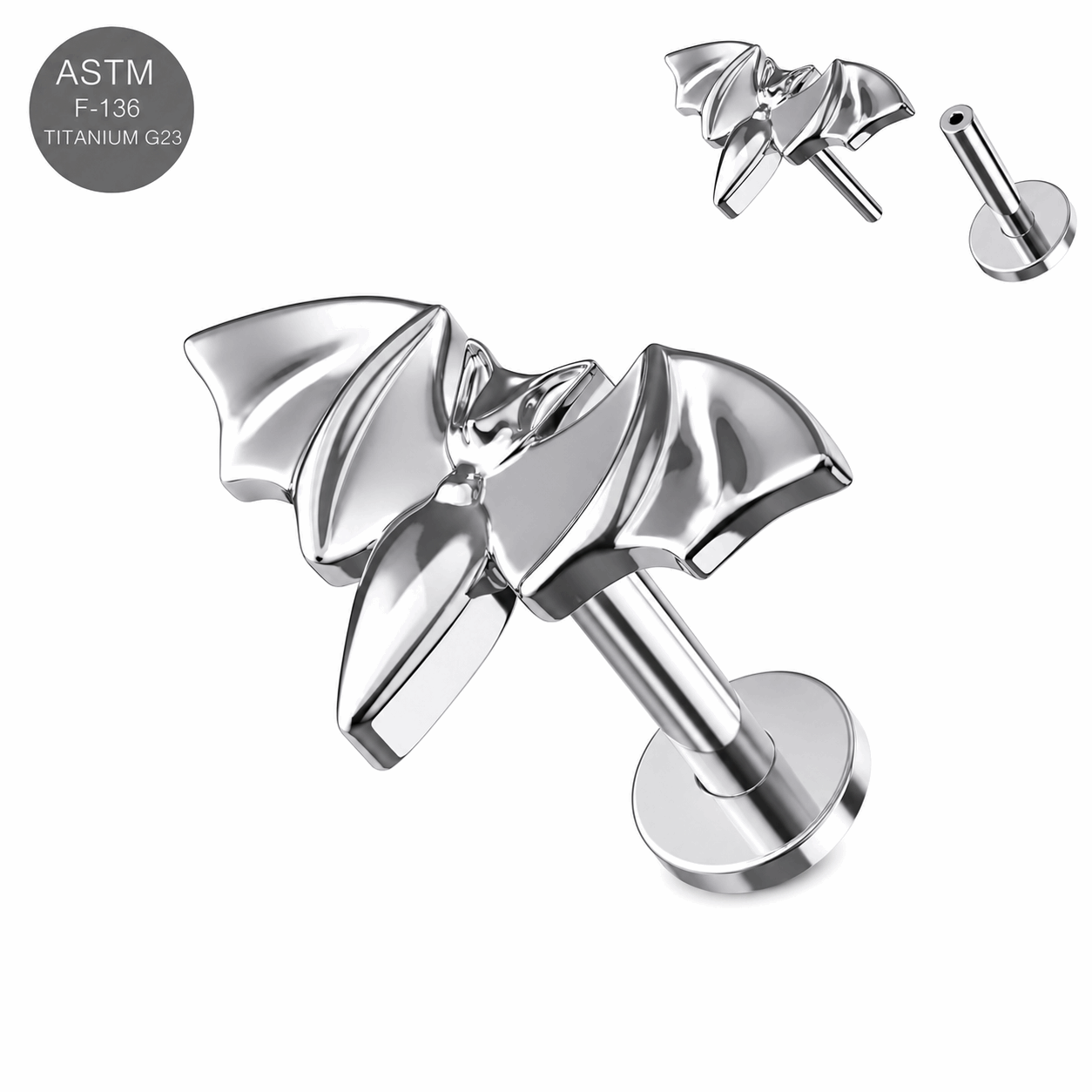 G23 Titanium Bat Threadless Flat Back Labret Stud – 16G (1.2mm)