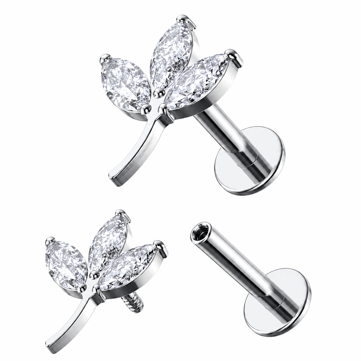 G23 Titanium Leaf CZ Internally Threaded Flat Back Labret – 16G (1.2mm)