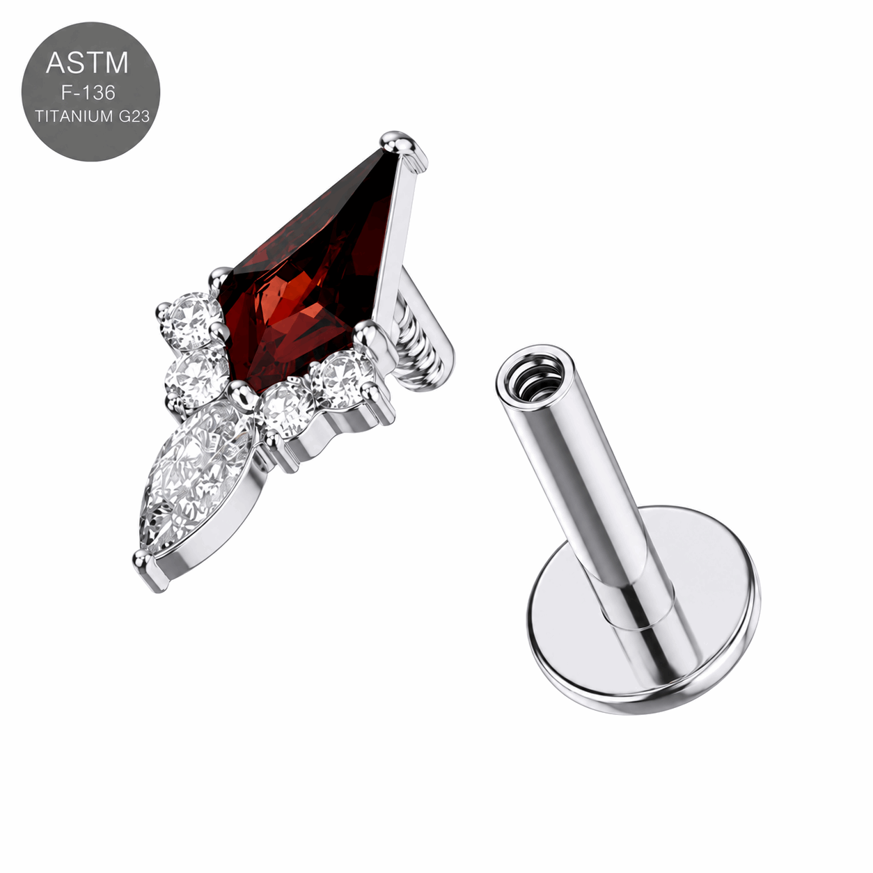 G23 Titanium Garnet Red Marquise CZ Cluster Internally Threaded Labret – 16G (1.2mm)
