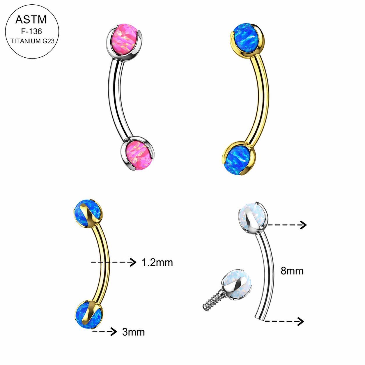 G23 Titanium Opal Ball Eyebrow Banana Ring – 16G (1.2mm) 8mm